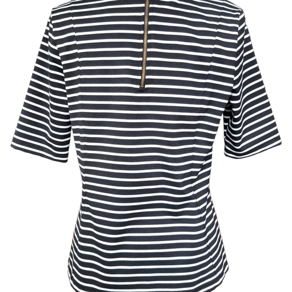 Anne Klein Black & White Stripeed Blouse Fitted Exposed Zip Elbow Sleeve Size LP - Picture 2 of 14